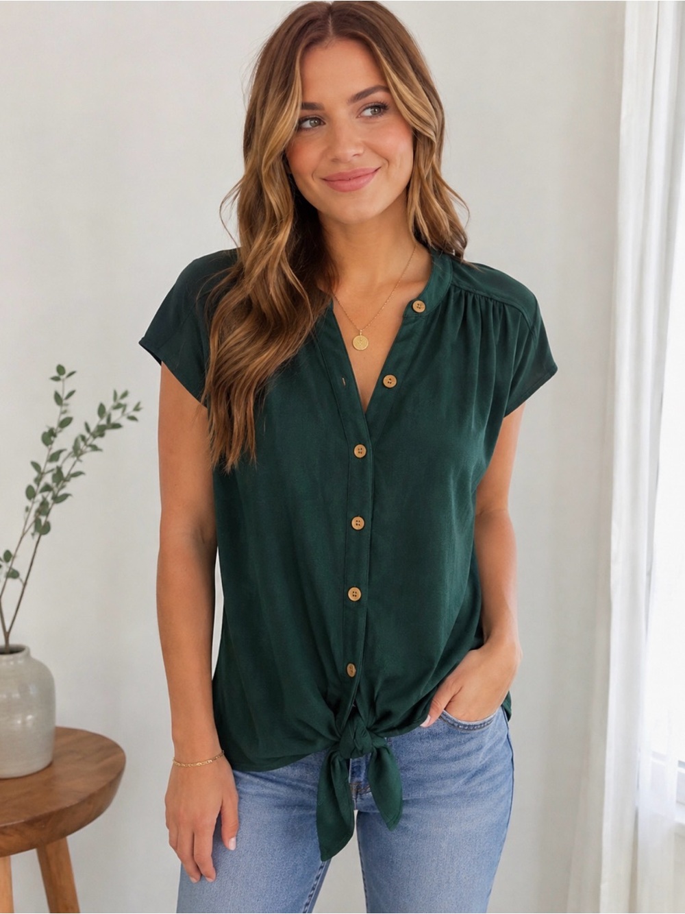 Fortune+Ivy Deep Green Button-Front Tie Hem Blouse